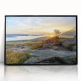 Large abstract wall art depicting Acadia, Maine, in muted earth tones on a black-framed acrylic print.