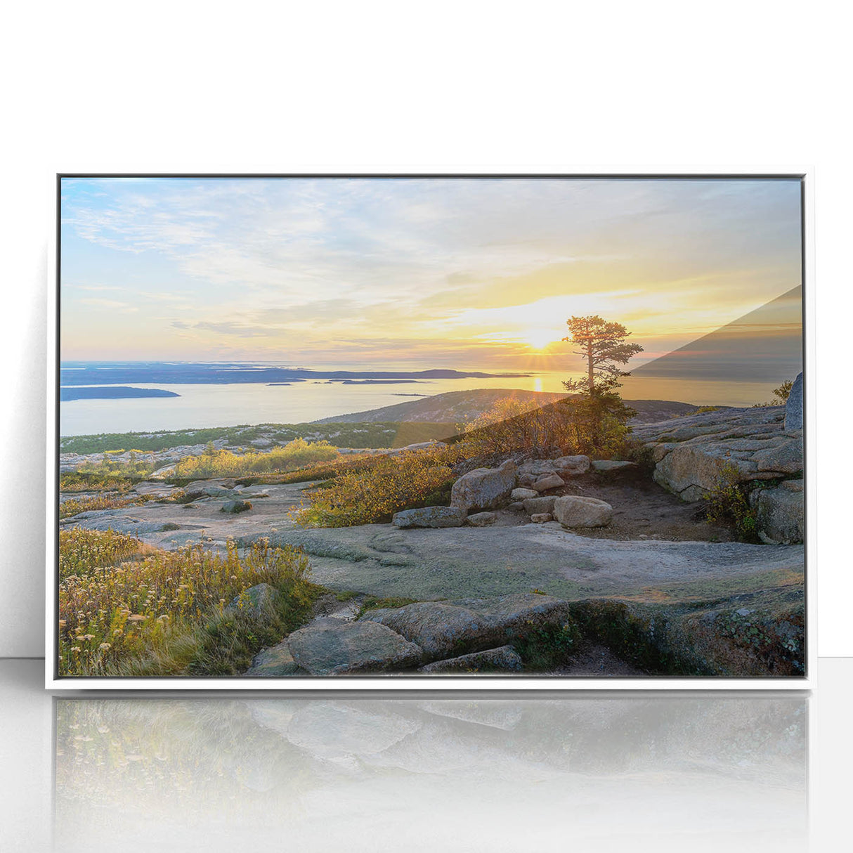 Framed acrylic print of Acadia National Park with muted green and blue tones, ideal for modern art wall decor in a nursery.