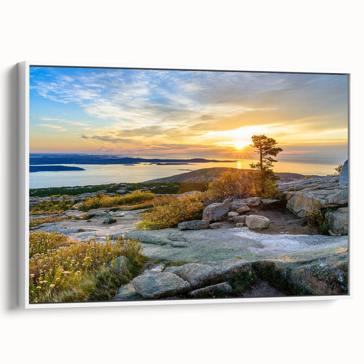 Vintage poster art of Acadia, Maine, featuring colorful landscape on extra large framed canvas, ideal for living room decor.