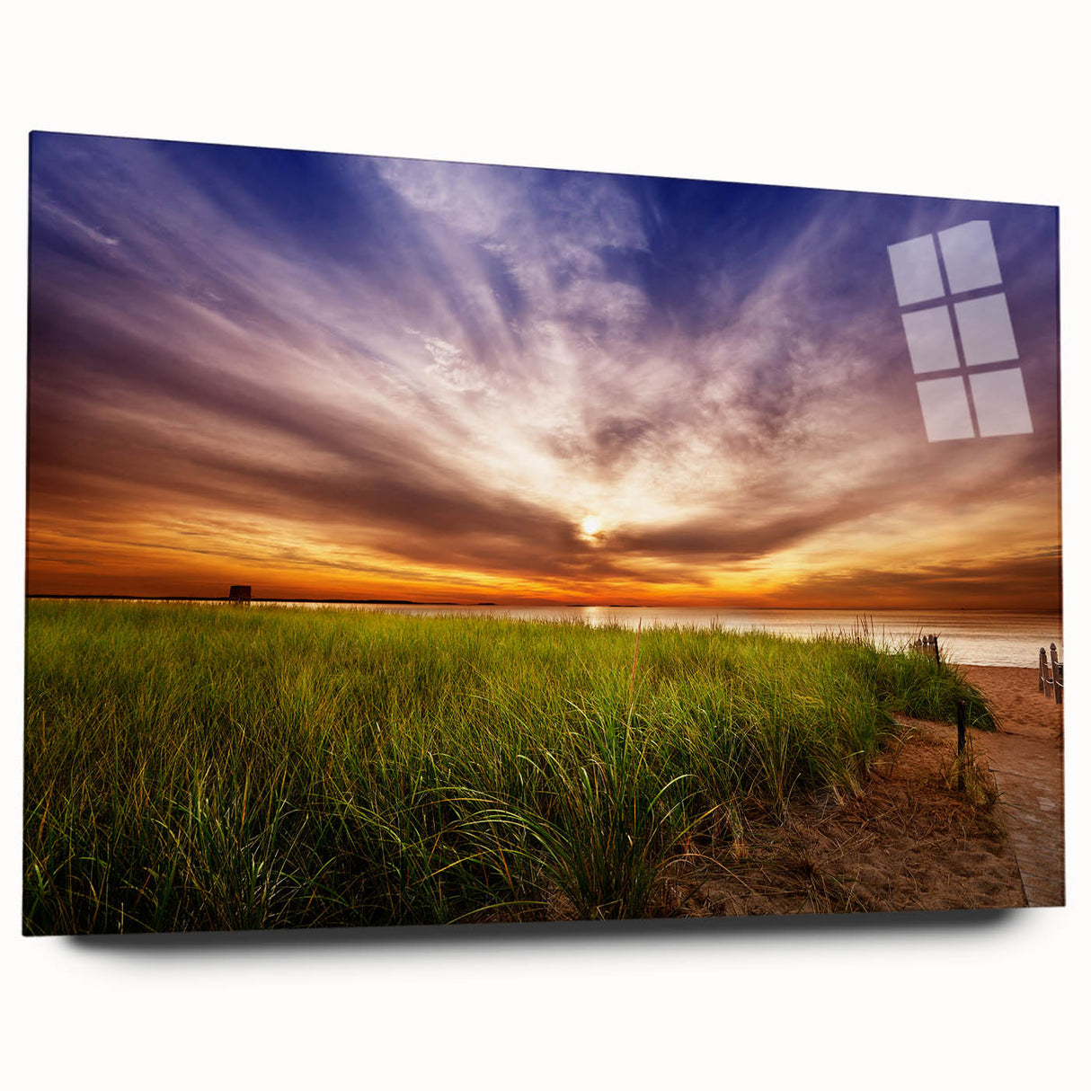 Acrylic print of a serene Maine landscape in soft blue and green tones, ideal for bedroom or dining room art.