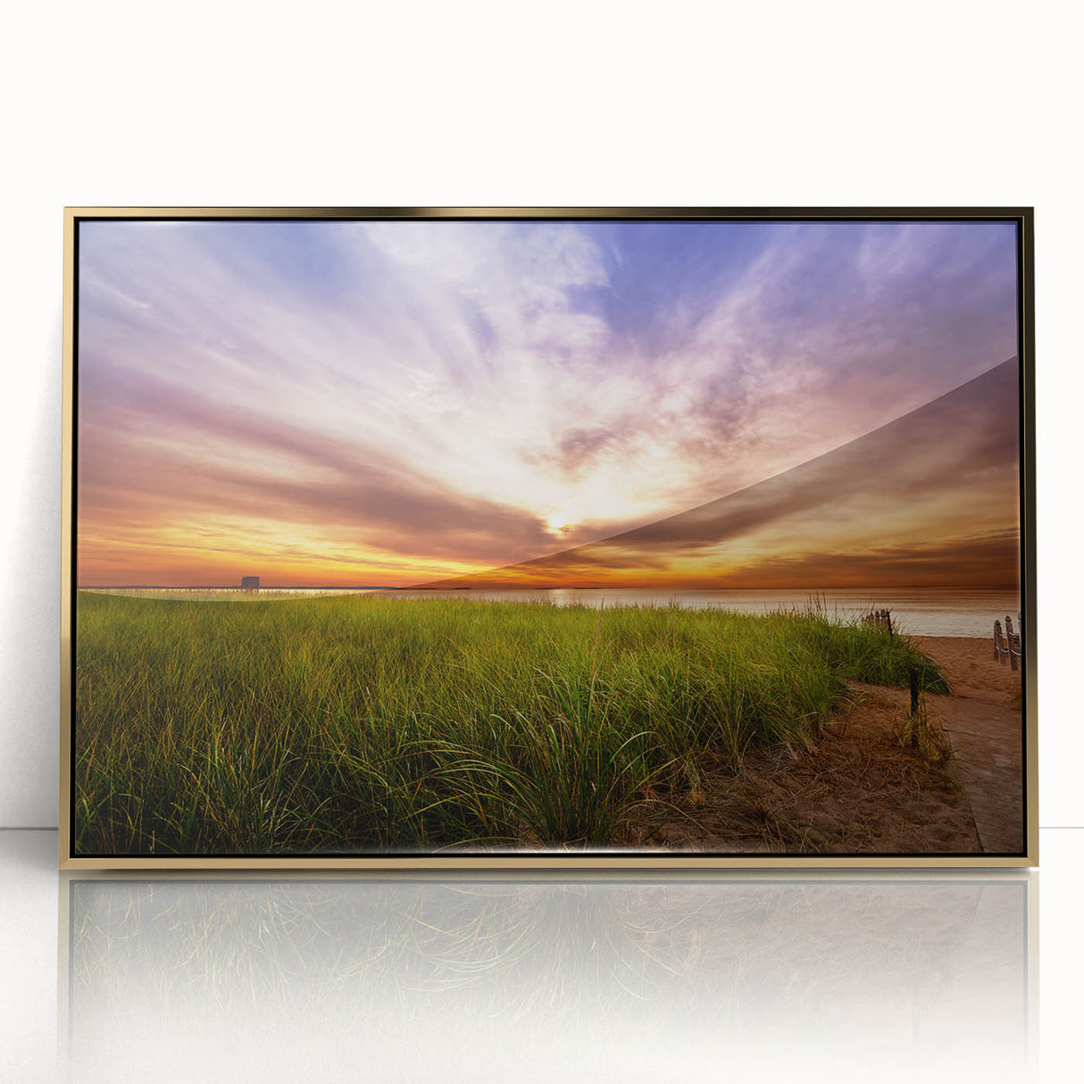 Framed acrylic print of a serene Maine landscape in muted earth tones, ideal for modern art wall decor.