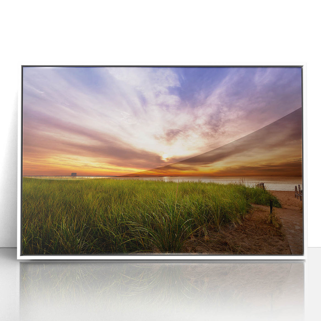 Art deco poster of Maine scenery on white framed acrylic, ideal for nursery wall art with soft color tones.