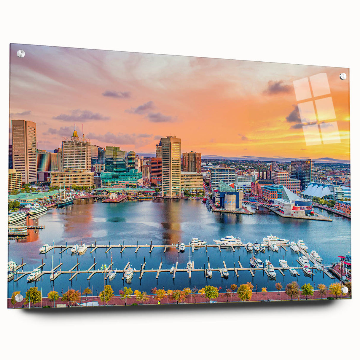 Acrylic print of Annapolis skyline in muted blue and gray tones, ideal for dining room decor.