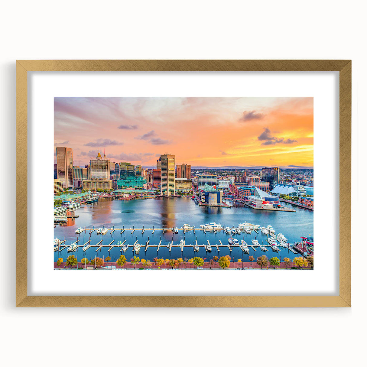 Extra large abstract art print of Annapolis scenery in gold frame, featuring textured blue and gray hues.