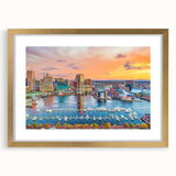 Extra large abstract art print of Annapolis scenery in gold frame, featuring textured blue and gray hues.