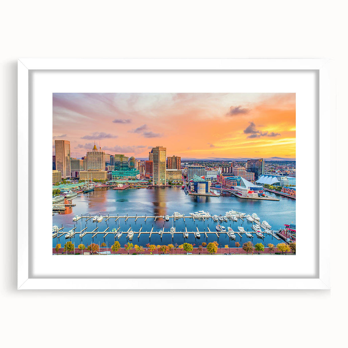 Abstract art print of Annapolis skyline in muted blue and gray tones on a framed white mat, ideal for dining room decor.