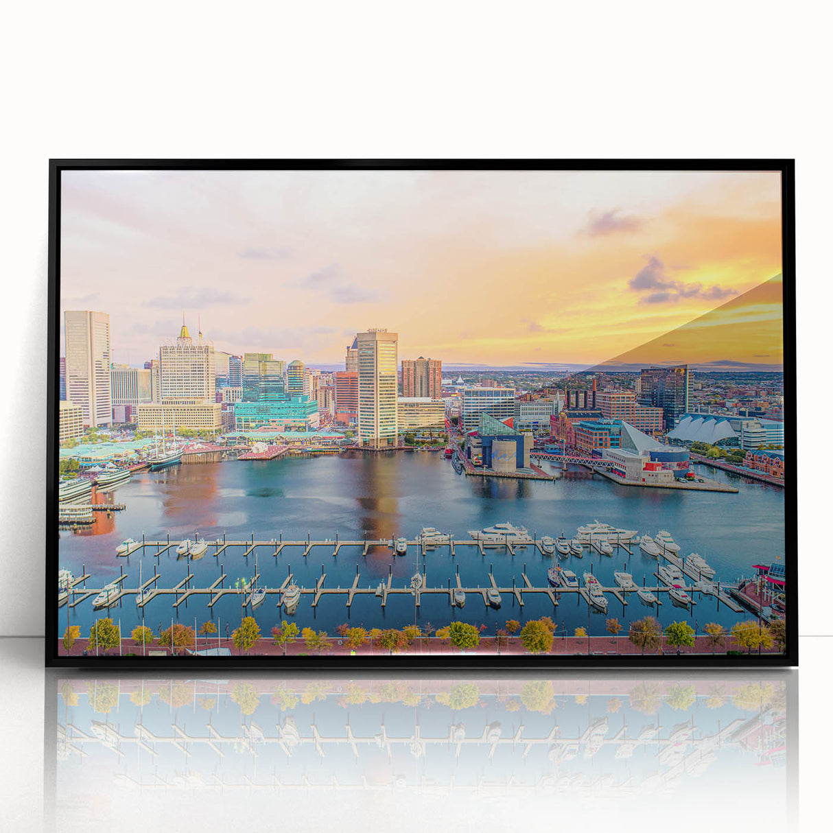 Large abstract wall art depicting Annapolis, Maryland, with muted blue and gray tones on a black framed acrylic.