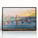 Large abstract wall art depicting Annapolis, Maryland, with muted blue and gray tones on a black framed acrylic.