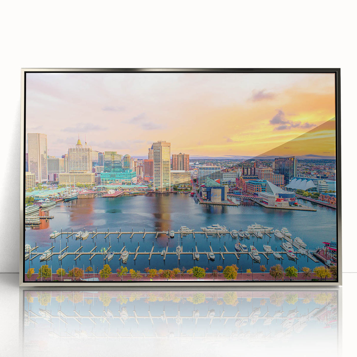 Mid-century modernist art of Annapolis skyline in muted blues and grays on a framed acrylic print.