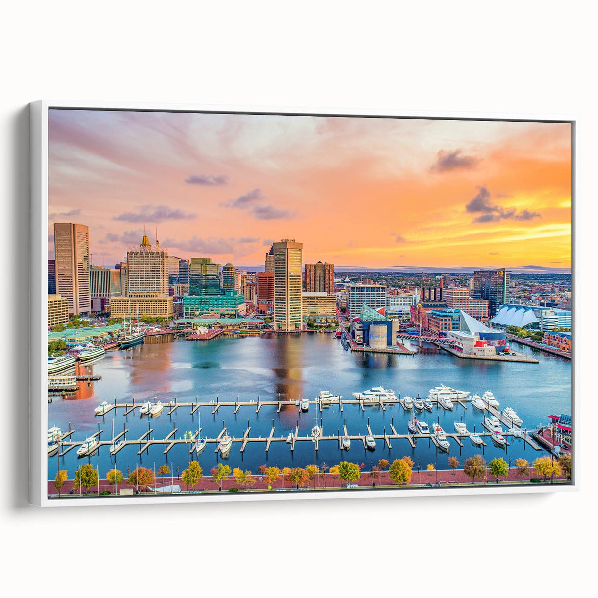 Vintage poster art of Annapolis skyline in vibrant colors on a large framed canvas, suitable for living room decor.