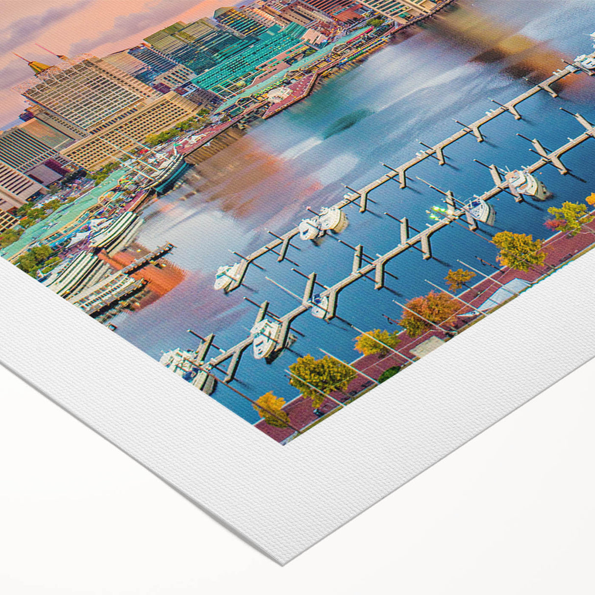 Art deco poster of Annapolis skyline in muted blue and gold tones on rolled canvas, suitable for dining room wall art.
