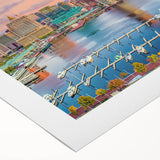 Art deco poster of Annapolis skyline in muted blue and gold tones on rolled canvas, suitable for dining room wall art.