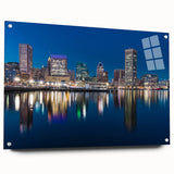 Acrylic print of Baltimore skyline in muted blue and gray tones, suitable for bedroom or dining room decor.