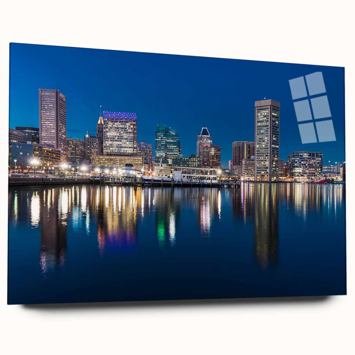 Large abstract depiction of Baltimore skyline in muted blue and gray on acrylic glass.