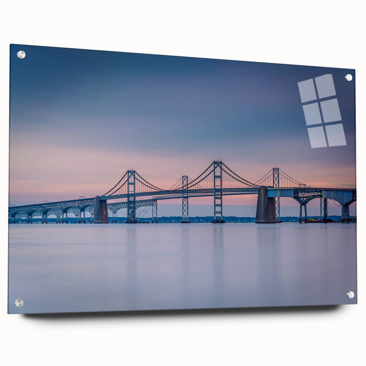 Acrylic print of Chesapeake Bay with vibrant blue and green hues, ideal for dining room decor.