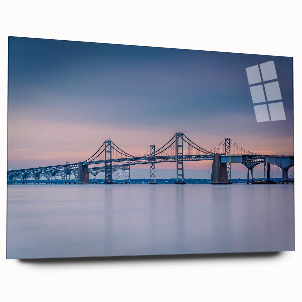 Large abstract depiction of the Chesapeake Bay in muted blue and green tones on acrylic glass.