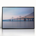 Large abstract wall art of Chesapeake Bay in muted blue and gray, framed acrylic, ideal for modern living room decor.