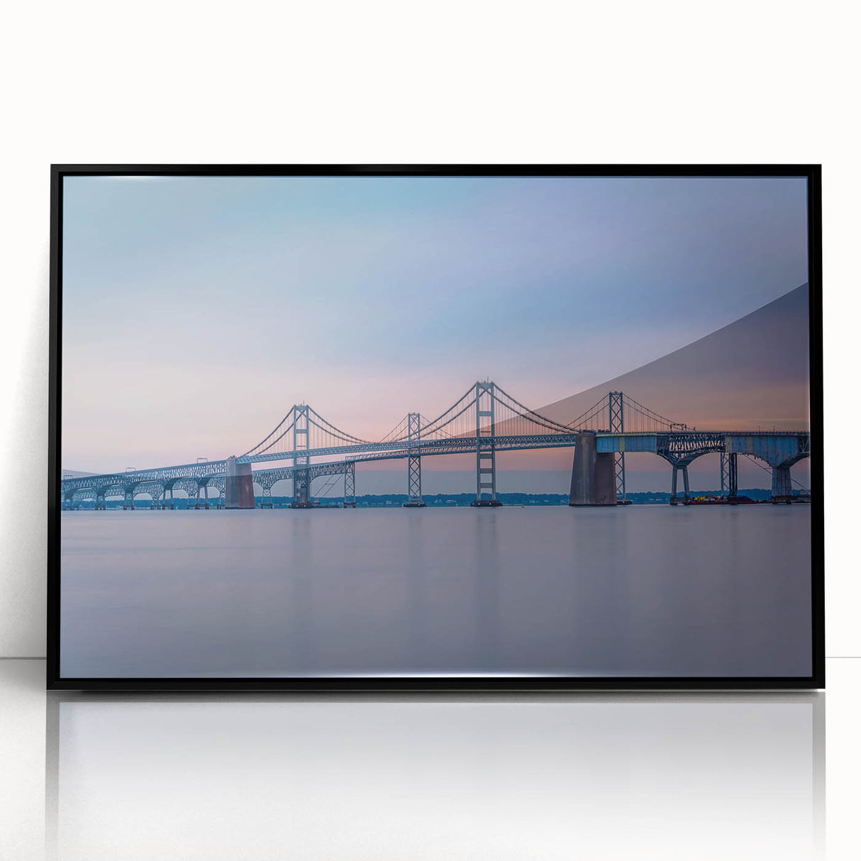 Large abstract wall art of Chesapeake Bay in muted blue and gray, framed acrylic, ideal for modern living room decor.