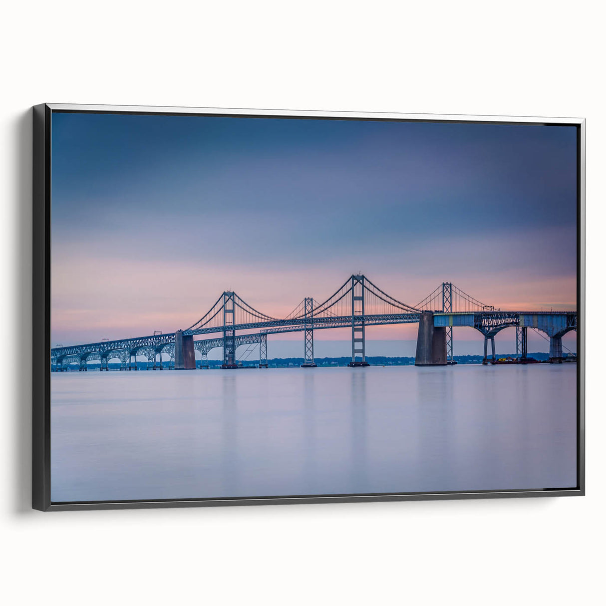 Black and white framed canvas of Chesapeake Bay landscape, ideal for bedroom wall art.