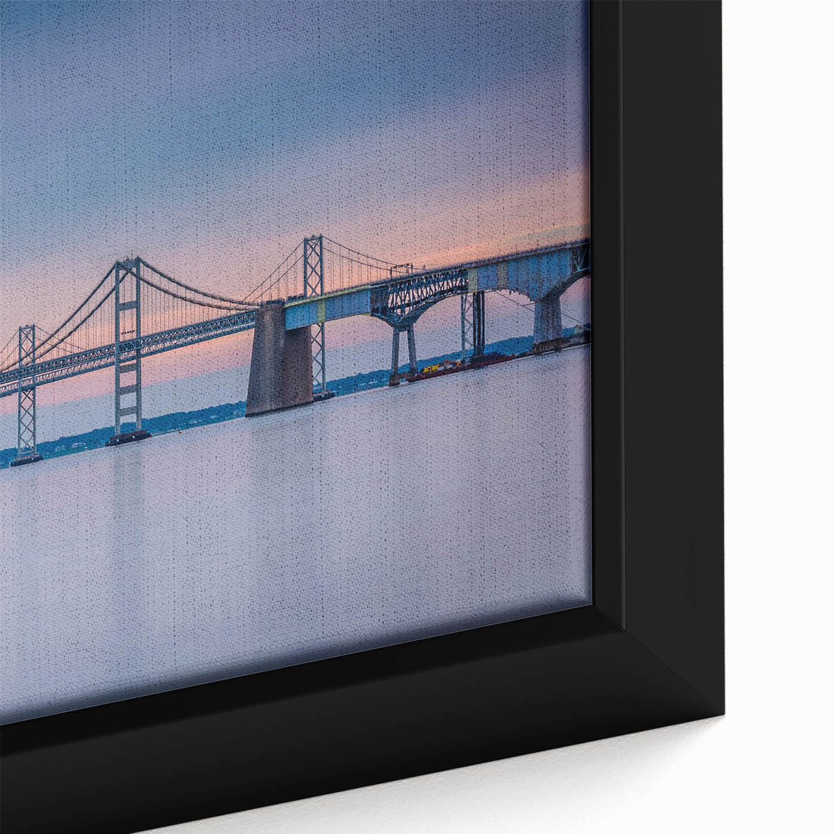 Extra large framed canvas of Chesapeake Bay with textured black and colorful art, ideal for living room decor.
