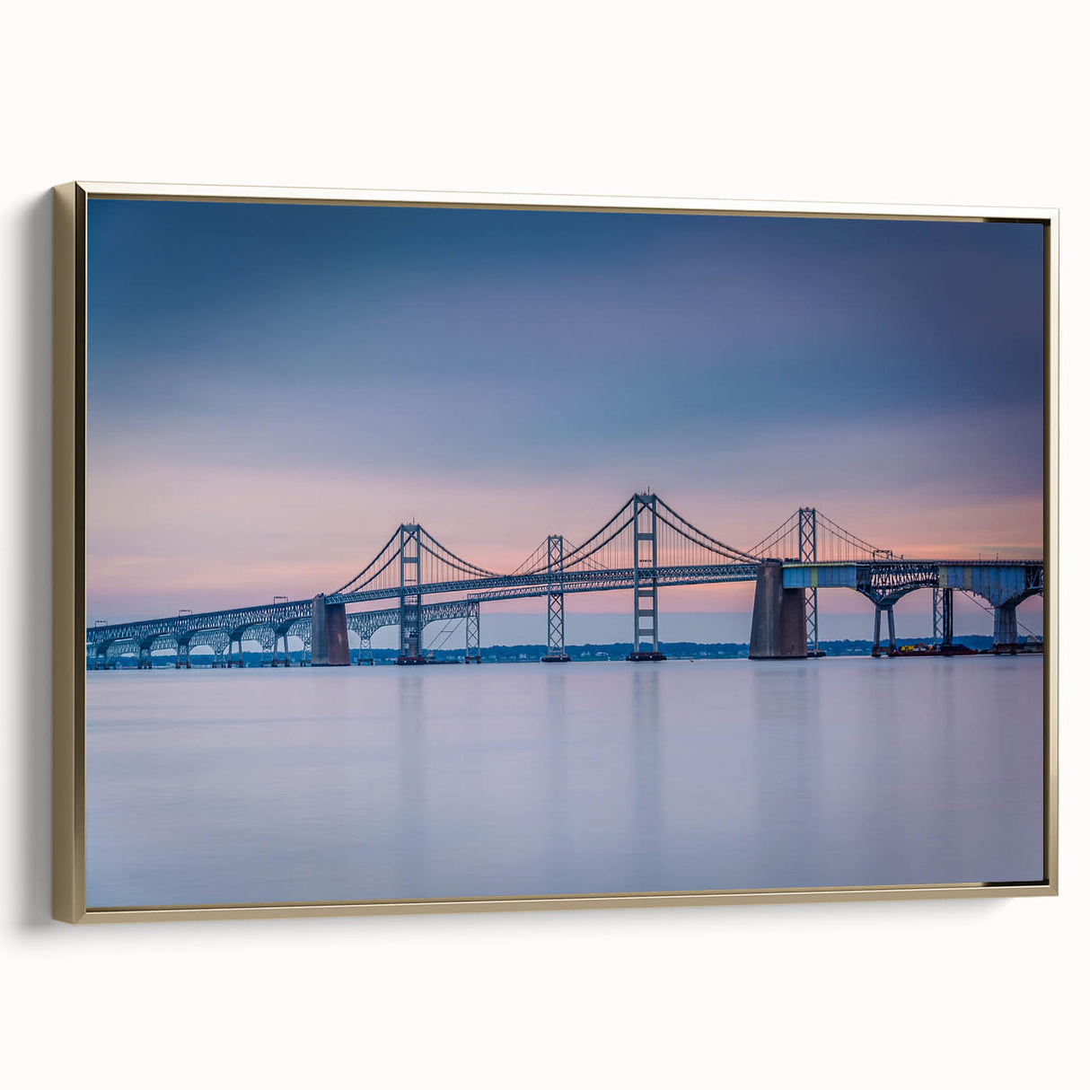 Framed canvas depicting Chesapeake Bay landscape in vintage poster style with black and gold tones.