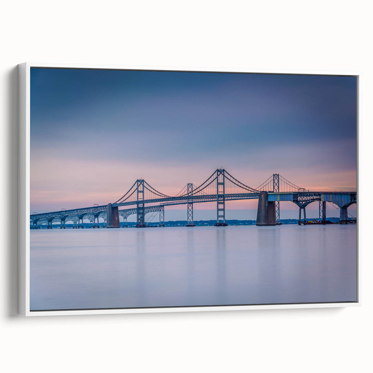 Vintage poster art of Chesapeake Bay in muted black and colorful hues on framed canvas, ideal for living room decor.