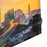 Acrylic print of a large abstract depiction of Boston's skyline in muted gray and blue tones, ideal for dining room art.