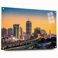 Acrylic print of a large abstract depiction of Boston skyline in cool blue and gray tones.
