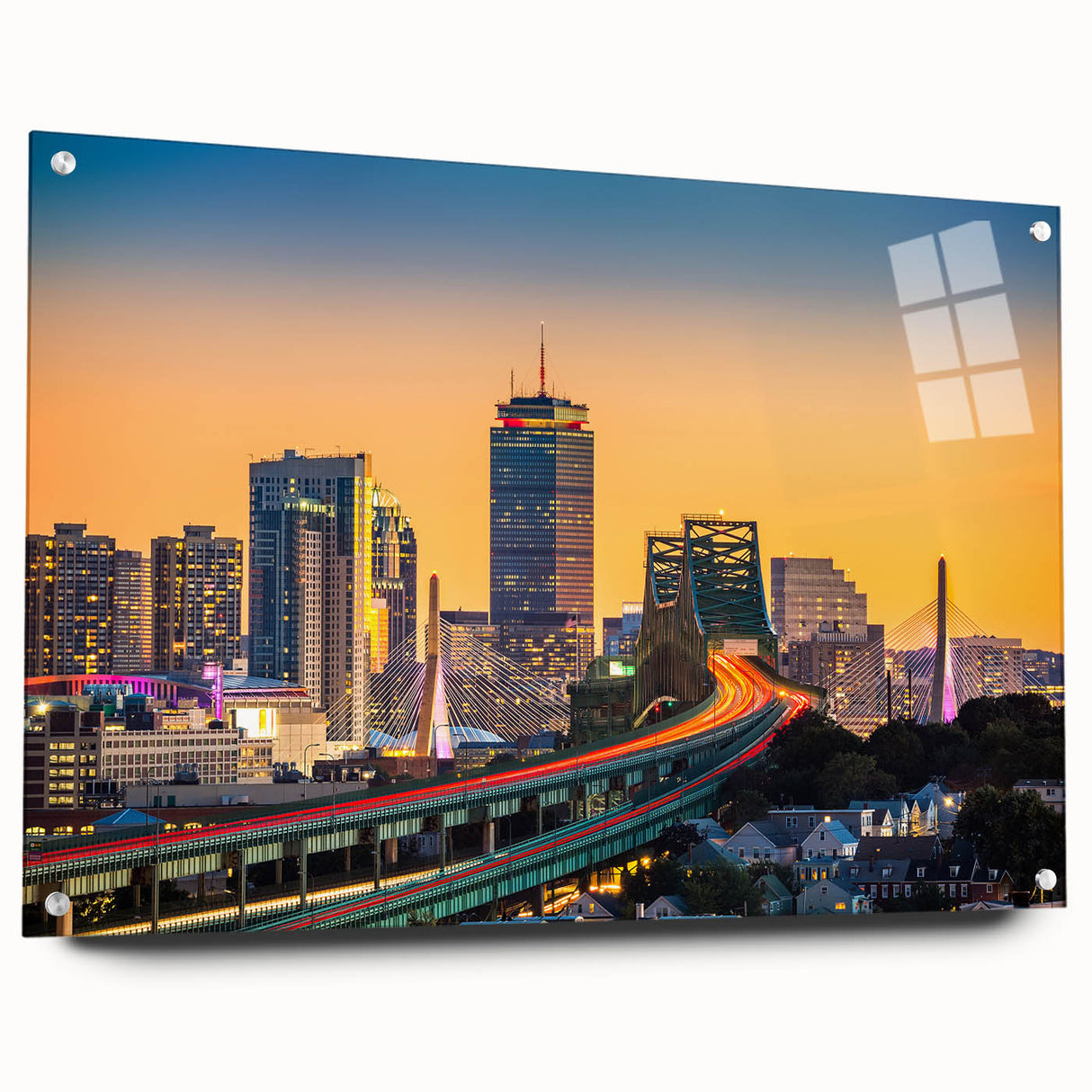 Acrylic print of a large abstract depiction of Boston skyline in cool blue and gray tones.