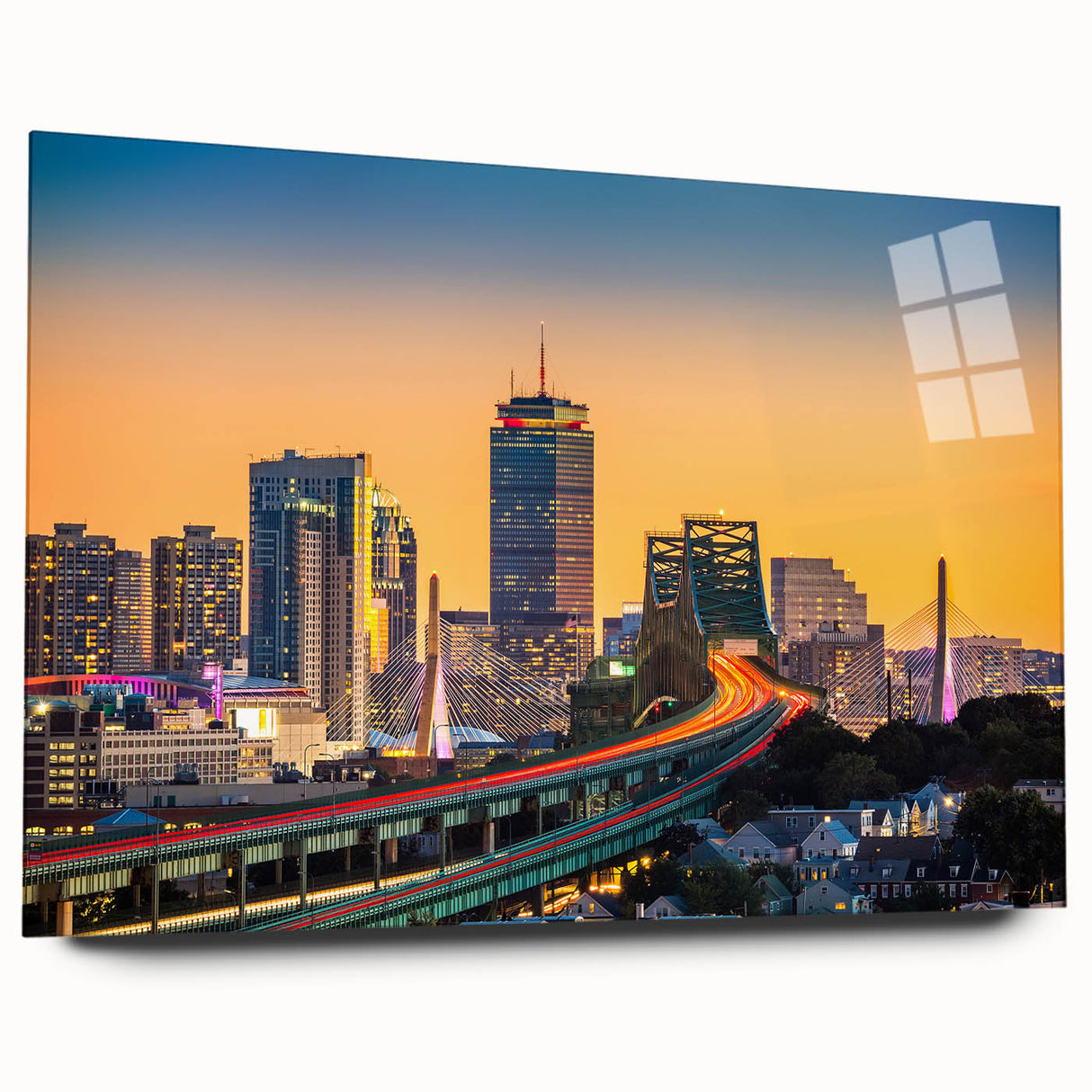Large abstract depiction of the Boston skyline in muted blue and gray tones on acrylic glass.