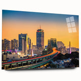 Large abstract depiction of the Boston skyline in muted blue and gray tones on acrylic glass.