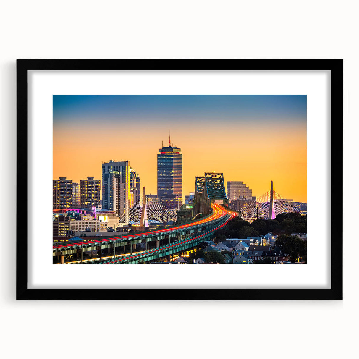 Extra large abstract art print of colorful, textured Boston skyline on a black framed canvas, ideal for living room decor.