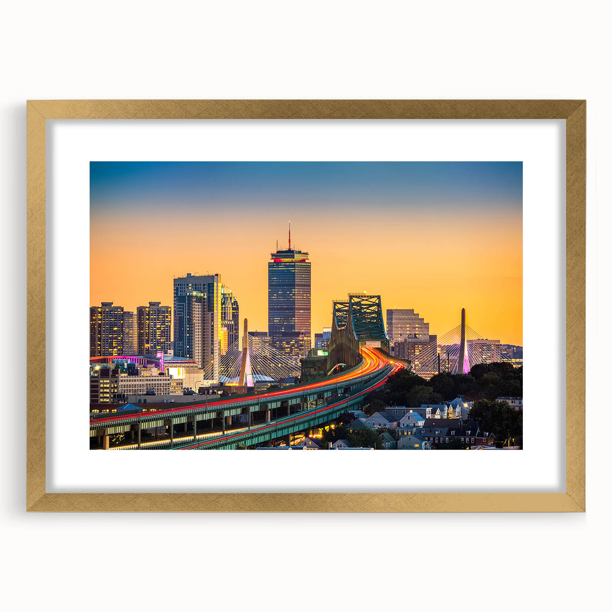 Extra large abstract art print of Boston skyline in gold frame, featuring textured brush strokes in earthy tones.