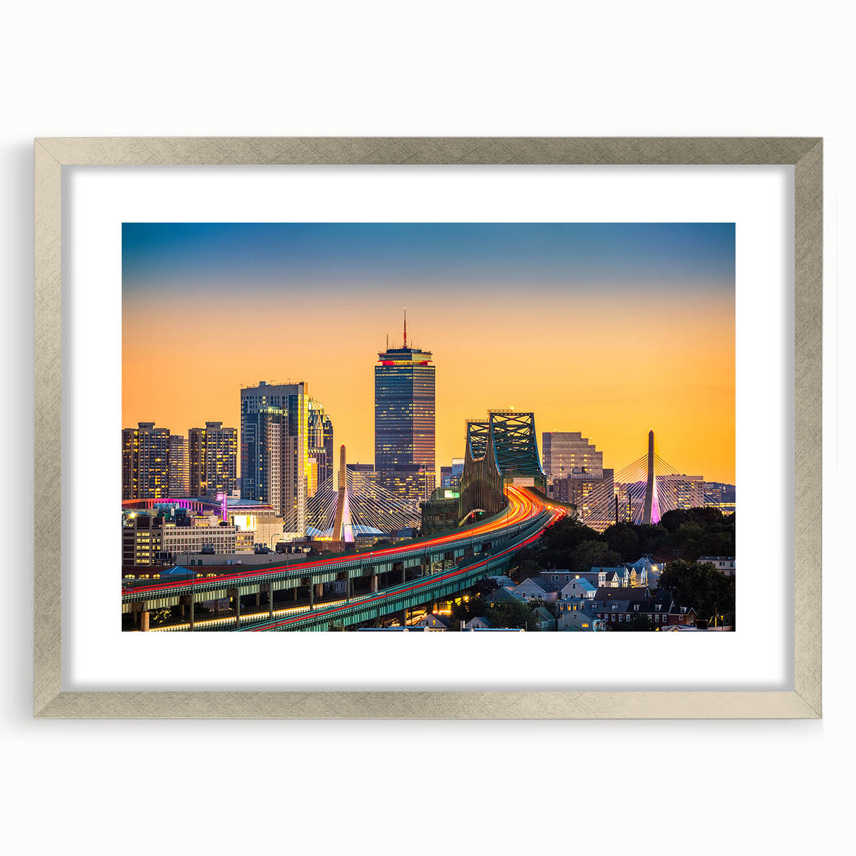 Textured abstract art print of Boston skyline in muted silver and gray tones on framed canvas, suitable for bedroom art.