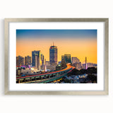 Textured abstract art print of Boston skyline in muted silver and gray tones on framed canvas, suitable for bedroom art.