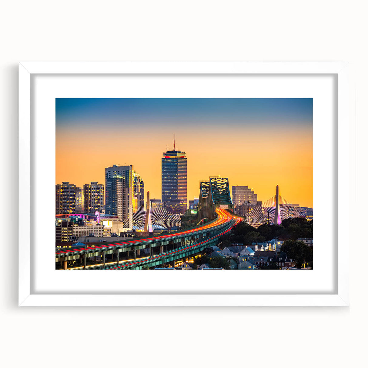 Abstract art print of Boston skyline in muted gray and blue tones, framed with a white mat, ideal for dining room decor.