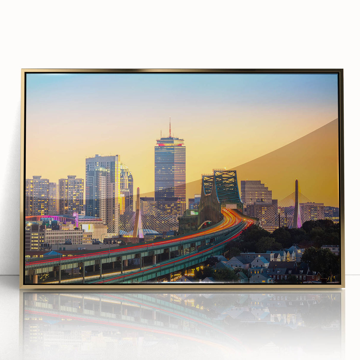 Framed acrylic print of Boston skyline in gold and blue tones, suited for modern art wall decor.