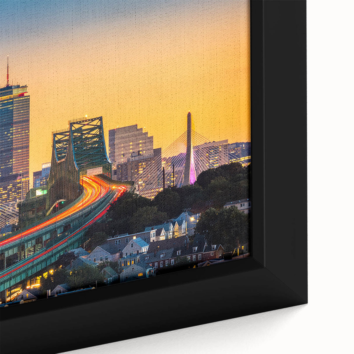 Framed canvas featuring a textured depiction of the Boston skyline in black with colorful accents.