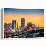 Vintage poster art of Boston skyline in vibrant colors on extra-large framed canvas, ideal for living room decor.