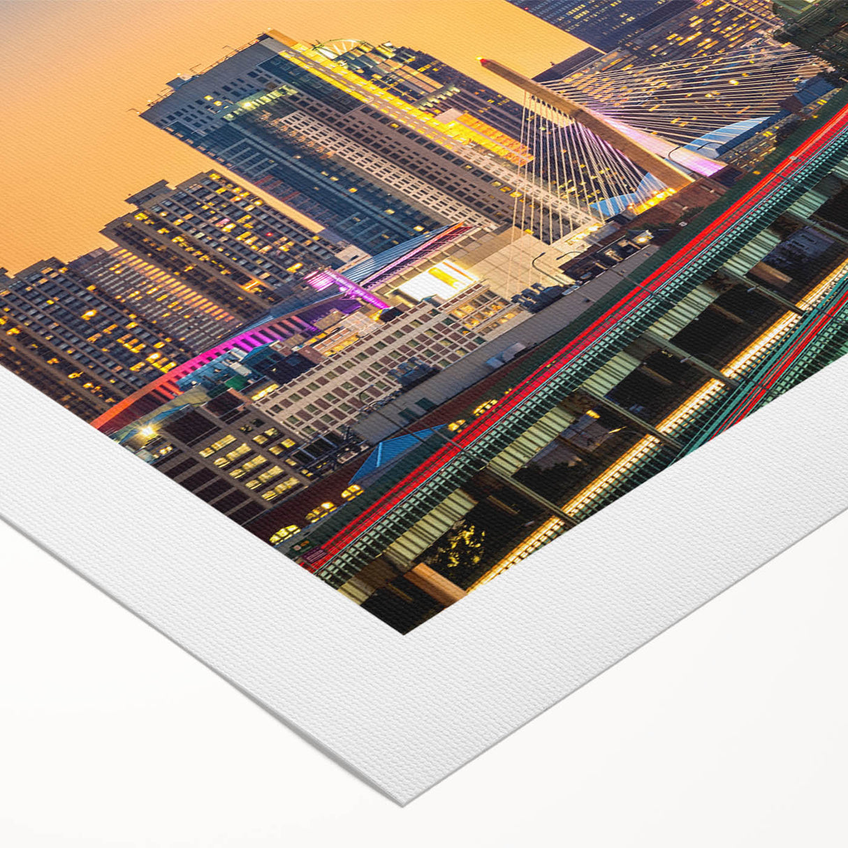 Art deco poster of Boston skyline in muted blue and gold tones on rolled canvas, suitable for dining room wall art.