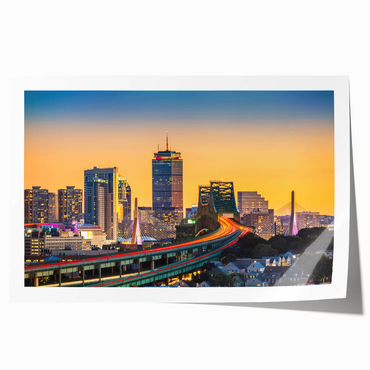 Rolled print of Boston skyline in muted blue tones, ideal for art wall dining room.