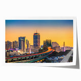 Rolled print of Boston skyline in muted blue tones, ideal for art wall dining room.
