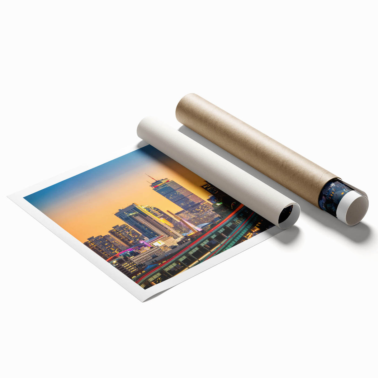 Extra large rolled print of Boston scenery with floral designs in pastel shades, ideal for classy bathroom wall art.