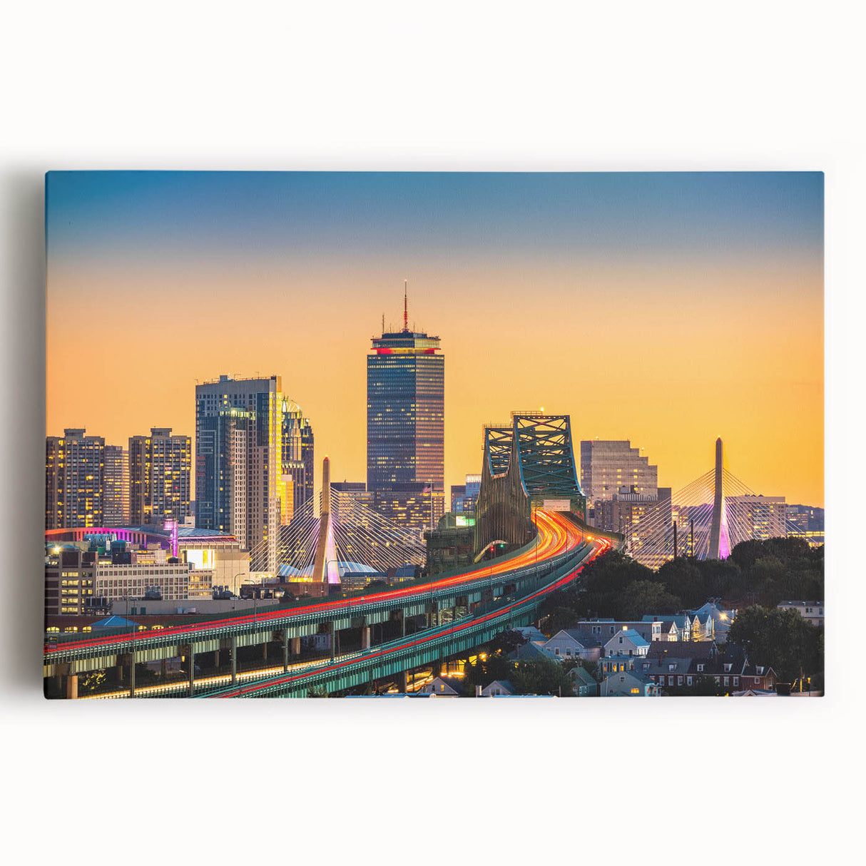Black and white photo of Boston skyline on large stretched canvas, ideal for kitchen wall art.
