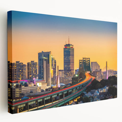 Panoramic Boston skyline in muted blue and gray tones on stretched canvas, suitable for kitchen wall art.