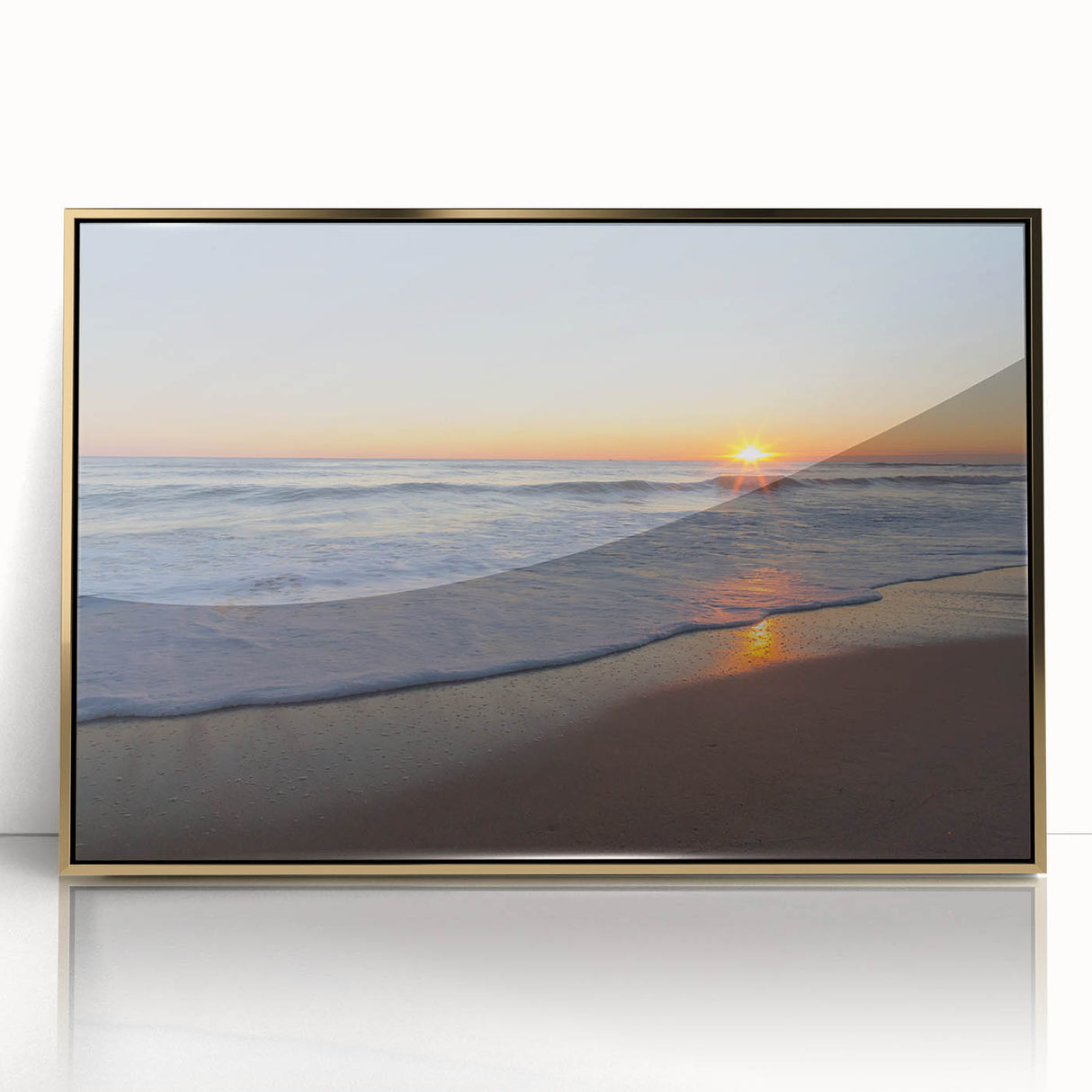Large art print of Cape Cod Massachusetts scenery in mid-century modernist style, framed in gold acrylic.