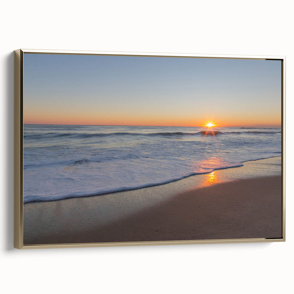 Framed canvas of a colorful Massachusetts Cape landscape, featuring vibrant blue and green tones.