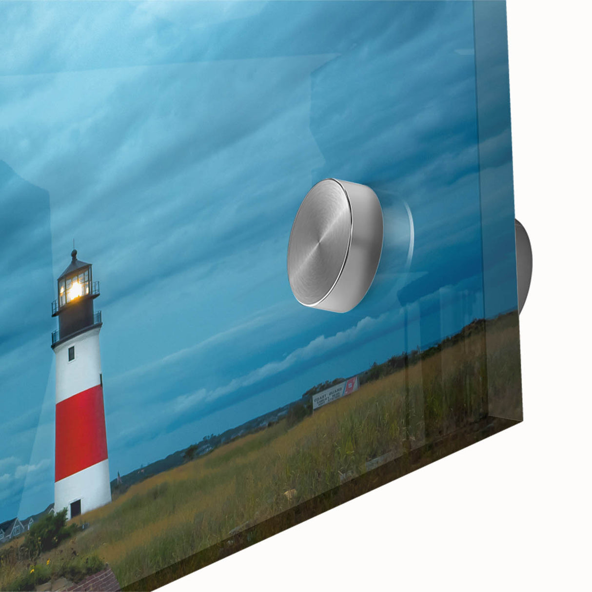 Large abstract wall art depicting a Massachusetts, Nantucket scenery in muted blue and green tones on acrylic glass.