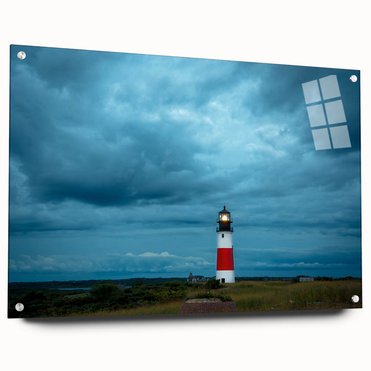 Acrylic print of a Nantucket landscape in muted blue and green tones, ideal for dining room decor.