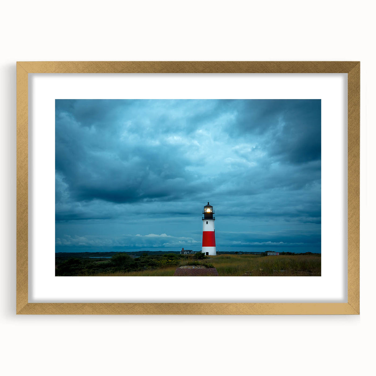 Extra large wall art featuring an abstract depiction of Nantucket in textured strokes of blue and gray, framed in gold.